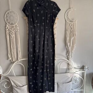y2k Vintage Rampage Black Floral Satin Cheongsam Maxi Dress Mandarin Size 5 90s